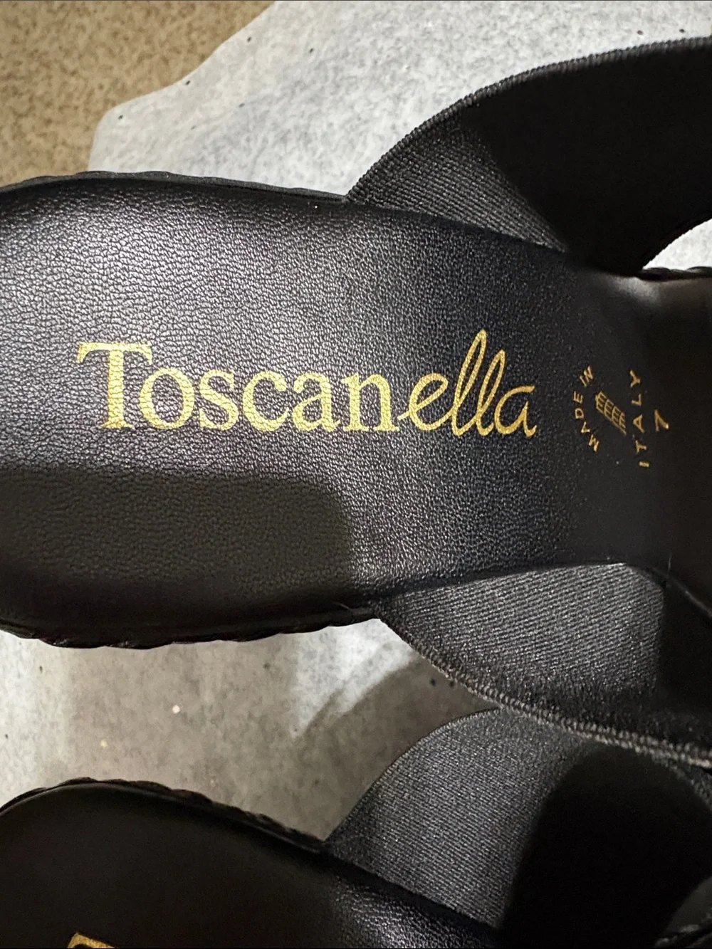 Toscanella Black Wedge Sandals with Gold Buckle Accent